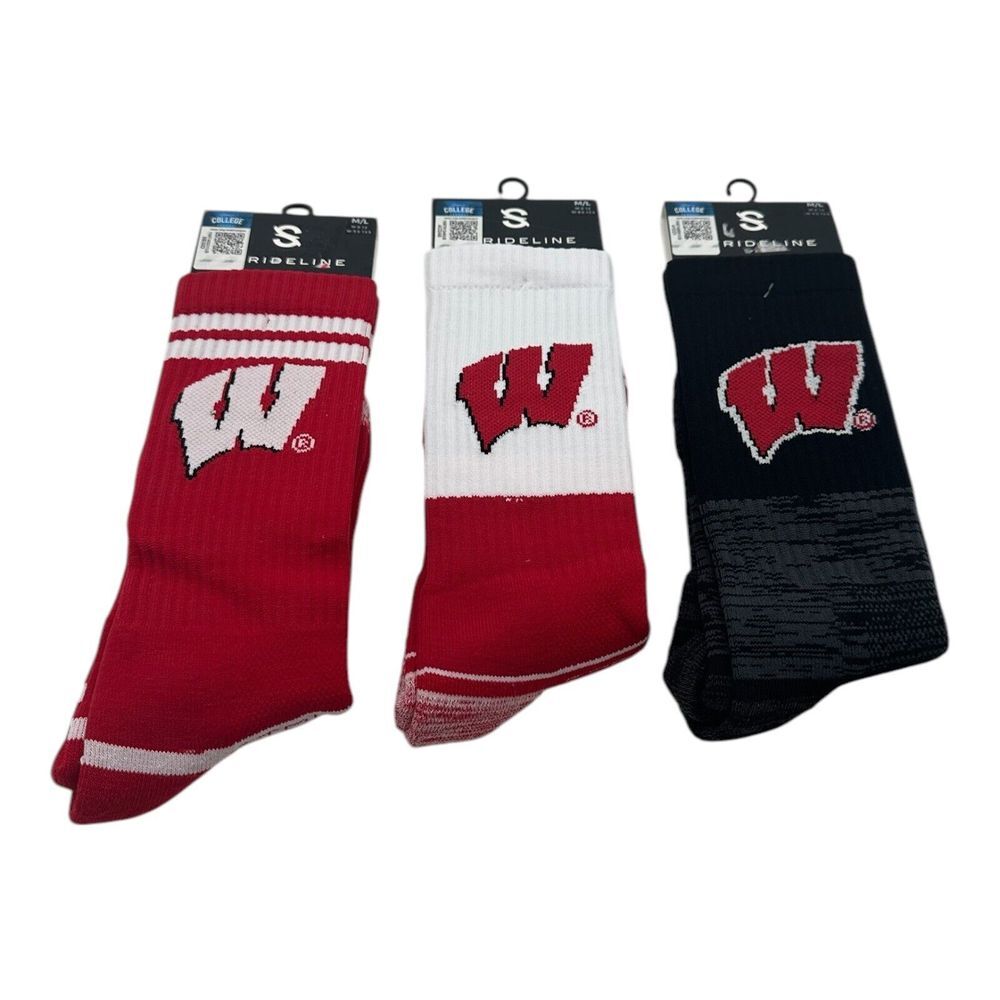 Set of 3 Wisconsin Badgers Crew Socks‎ Full Knit Men's Size M/L Strideline